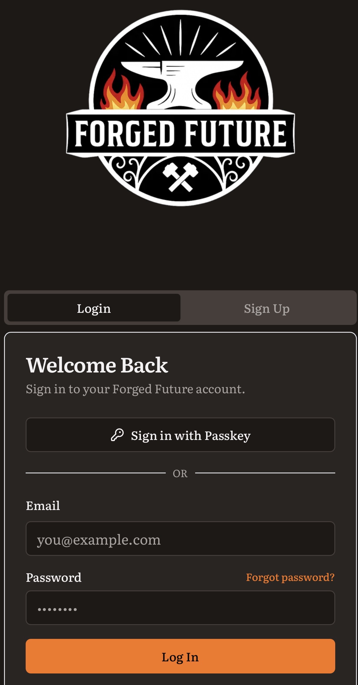 Forged Future app sign-in screen
